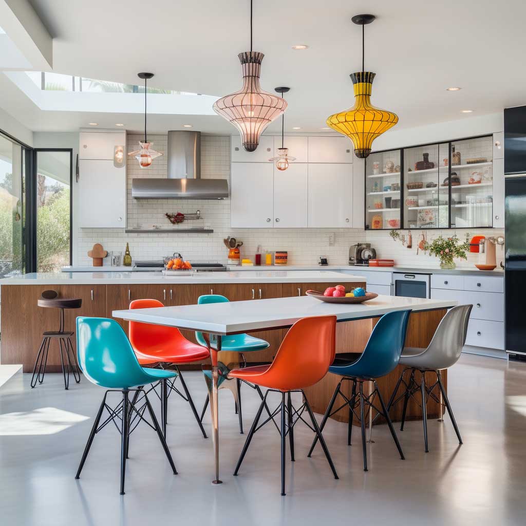 A spacious kitchen featuring iconic mid-century chairs, pendant lights, and vibrant color splashes, evoking a nostalgic yet contemporary feel.