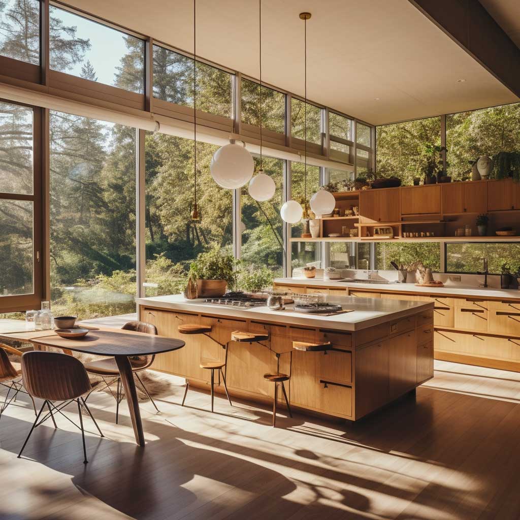 Expansive windows illuminating a kitchen adorned with mid-century furnishings and decor, highlighting the harmony between nature and design.