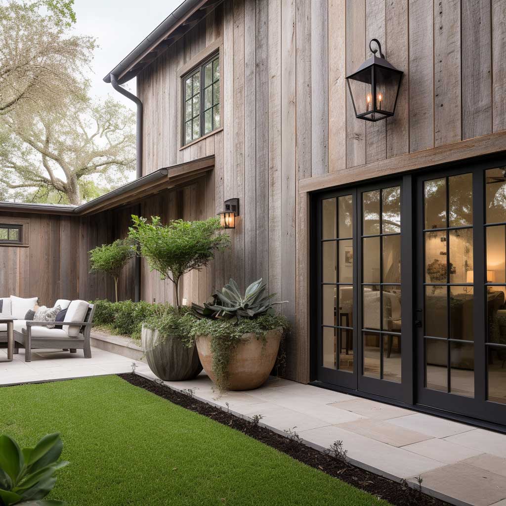 A charming home exterior featuring weathered outdoor wood wall paneling, exuding a rustic yet elegant vibe.
