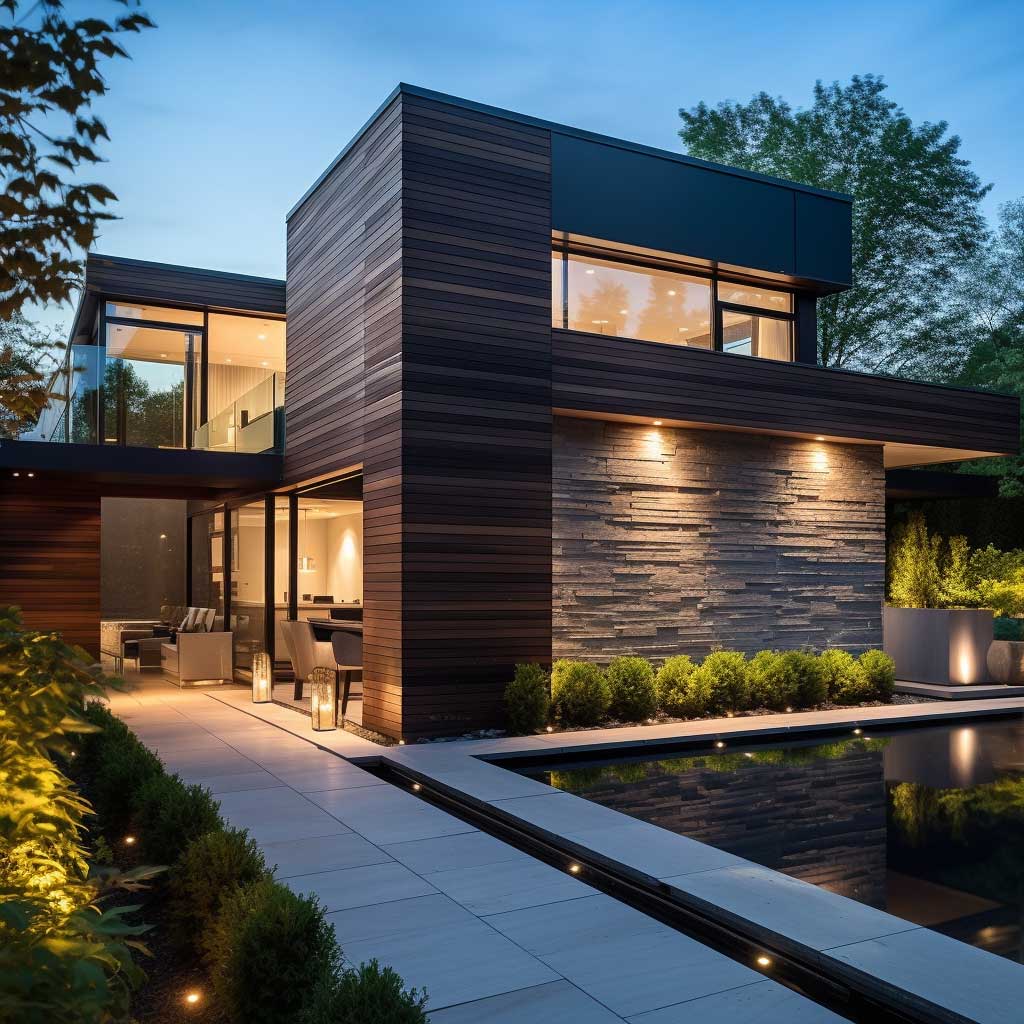 The sleek sophistication of modern outdoor wood wall paneling, giving this home a contemporary and stylish facade.