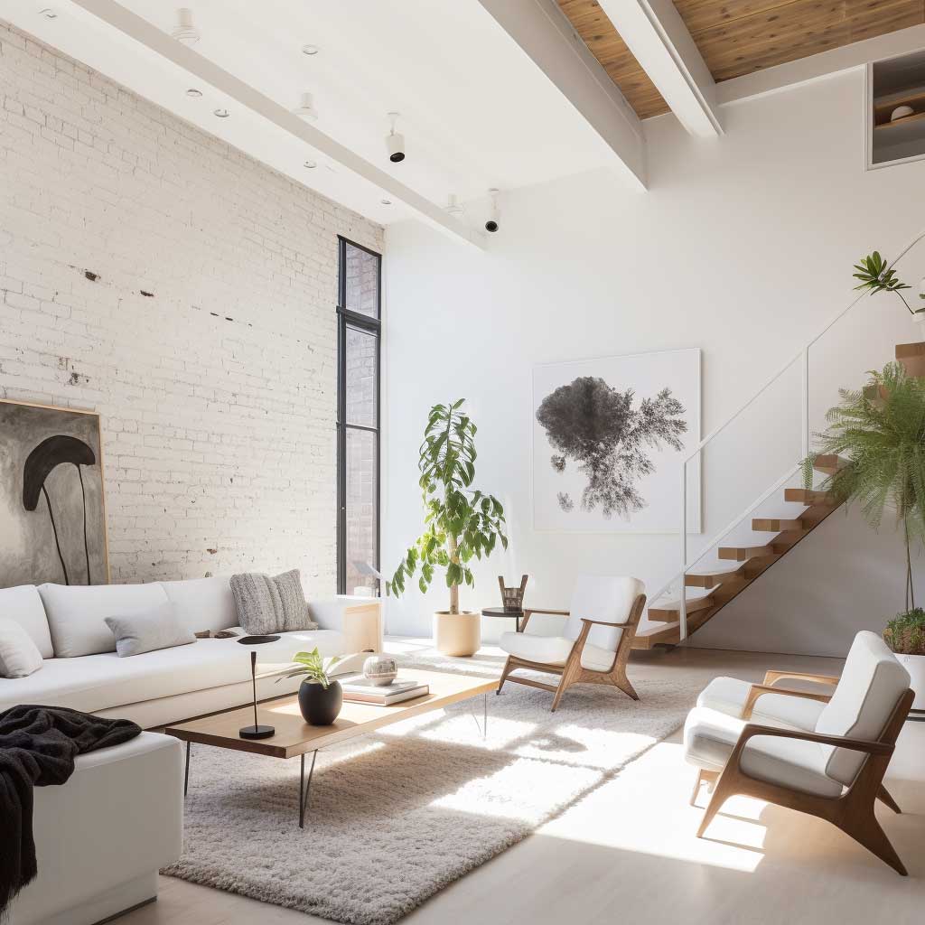 A modern home featuring a white painted brick wall interior, creating a bright, airy space with a touch of industrial charm.