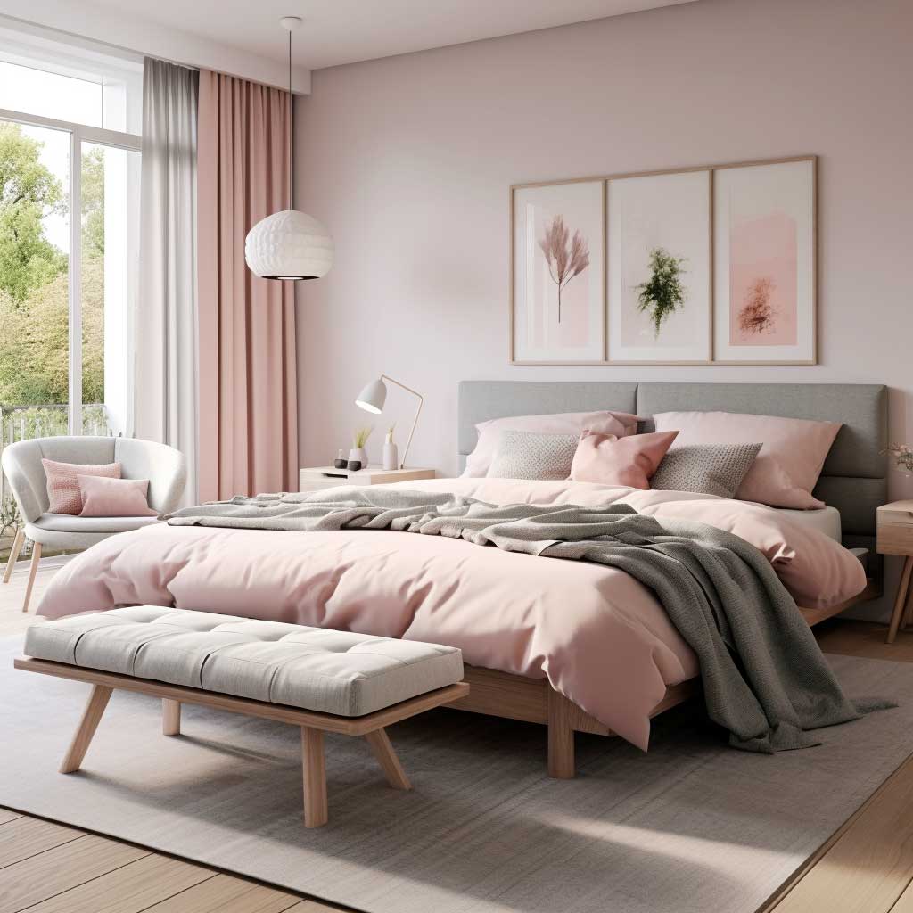 A modern pink Scandinavian bedroom design where vibrant pink accents breathe life into the minimalist decor, creating a dynamic yet balanced space.