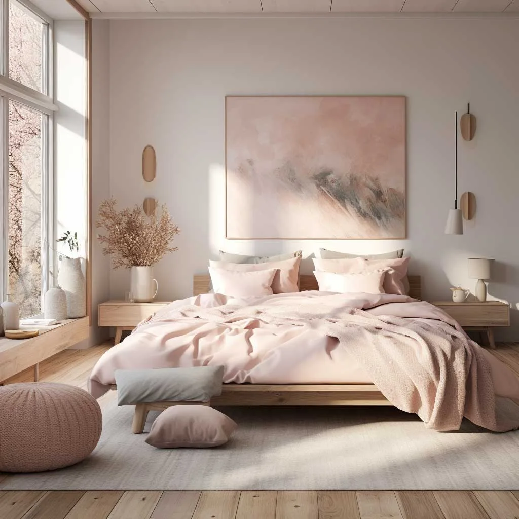 A serene pink Scandinavian bedroom showcasing soft blush tones, complemented by natural wood and white accents, exuding warmth and comfort.