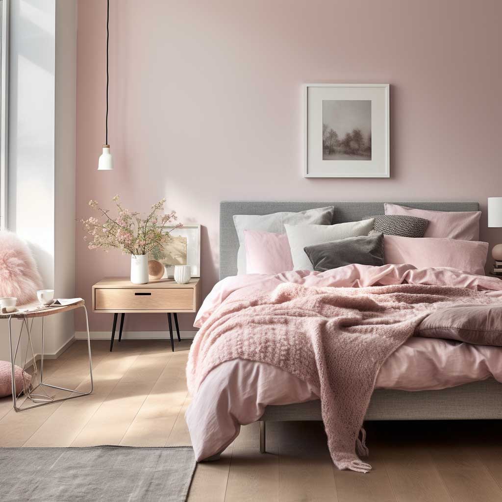 The perfect blend of rose shades in a pink Scandinavian bedroom, harmonizing with muted grays and natural textures, epitomizing Nordic elegance.