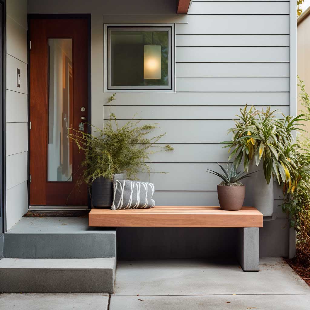 A photo highlighting a small exterior entryway featuring a compact bench, providing a practical and stylish seating solution.