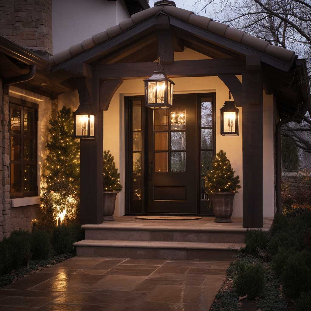 A picture of a small exterior entryway illuminated by a statement lighting fixture, adding a touch of elegance and warmth to the space.