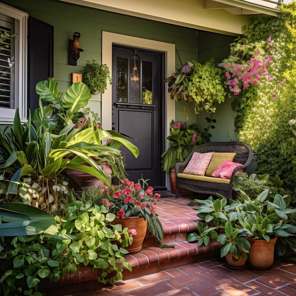 An inviting small front entryway with an added charm of lush plants, creating a vibrant and welcoming atmosphere.