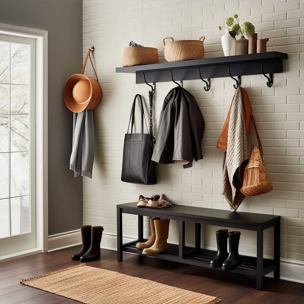 A small but efficient front entryway featuring clever storage solutions, such as a coat rack and shoe storage, maximizing space without compromising style.