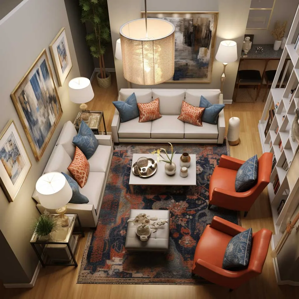 A strategically arranged living room showcasing furniture aligned to maximize space and flow in a narrow setting.