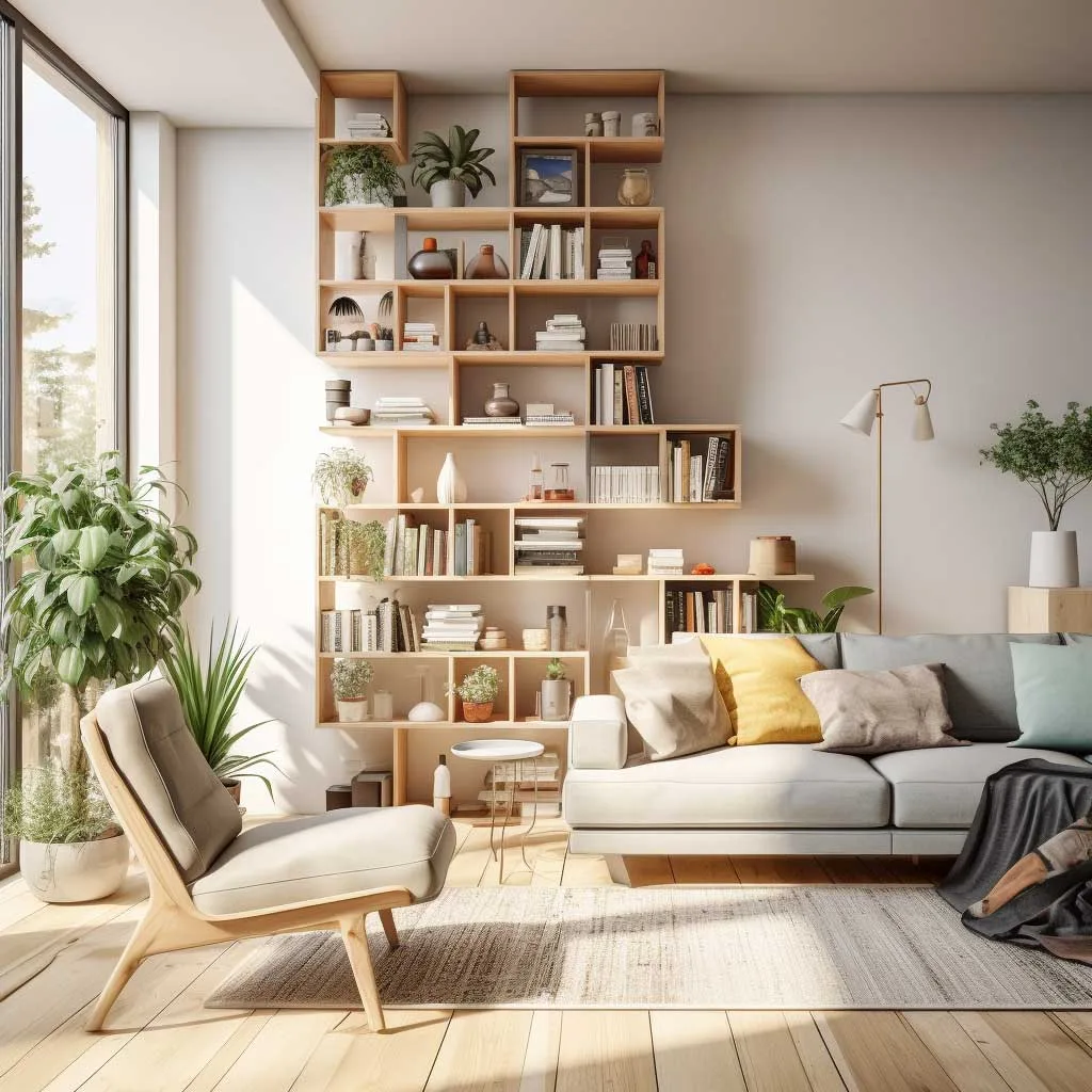 A small living room highlighting vertical shelves and storage units, optimizing height to free up essential floor space.