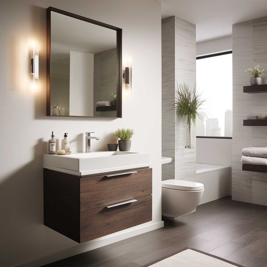 A trendy small bathroom showcasing a floating vanity and frameless mirror, exuding modern sophistication.