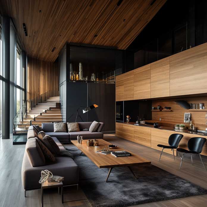 A lofty urban apartment enhanced with the rich aesthetics of vertical timber cladding.