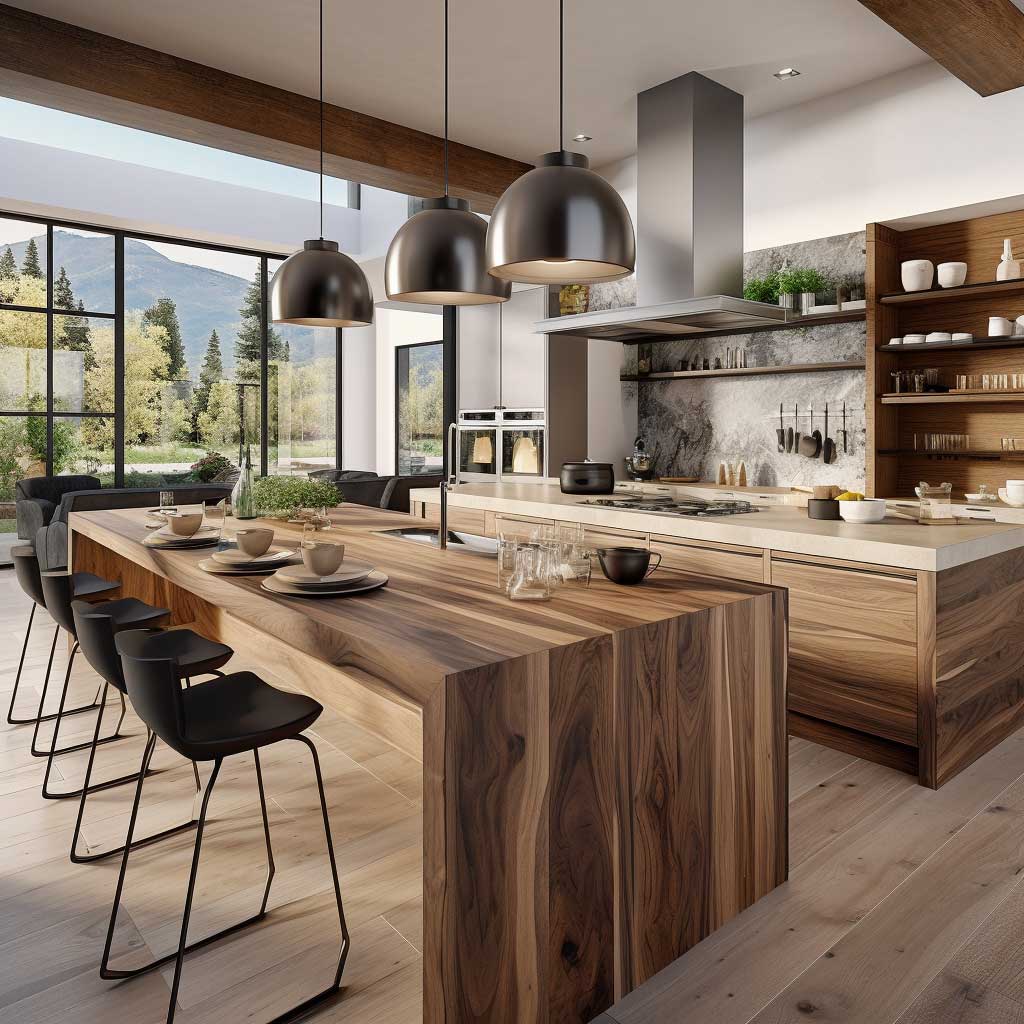 A spacious modern kitchen featuring a stunning natural wood island, creating a perfect blend of rustic charm and contemporary design.