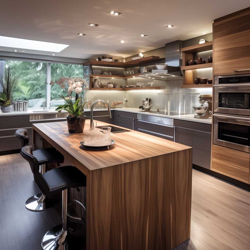 A well-designed modern kitchen incorporating wood finishes and high-end appliances, exhibiting style and functionality.