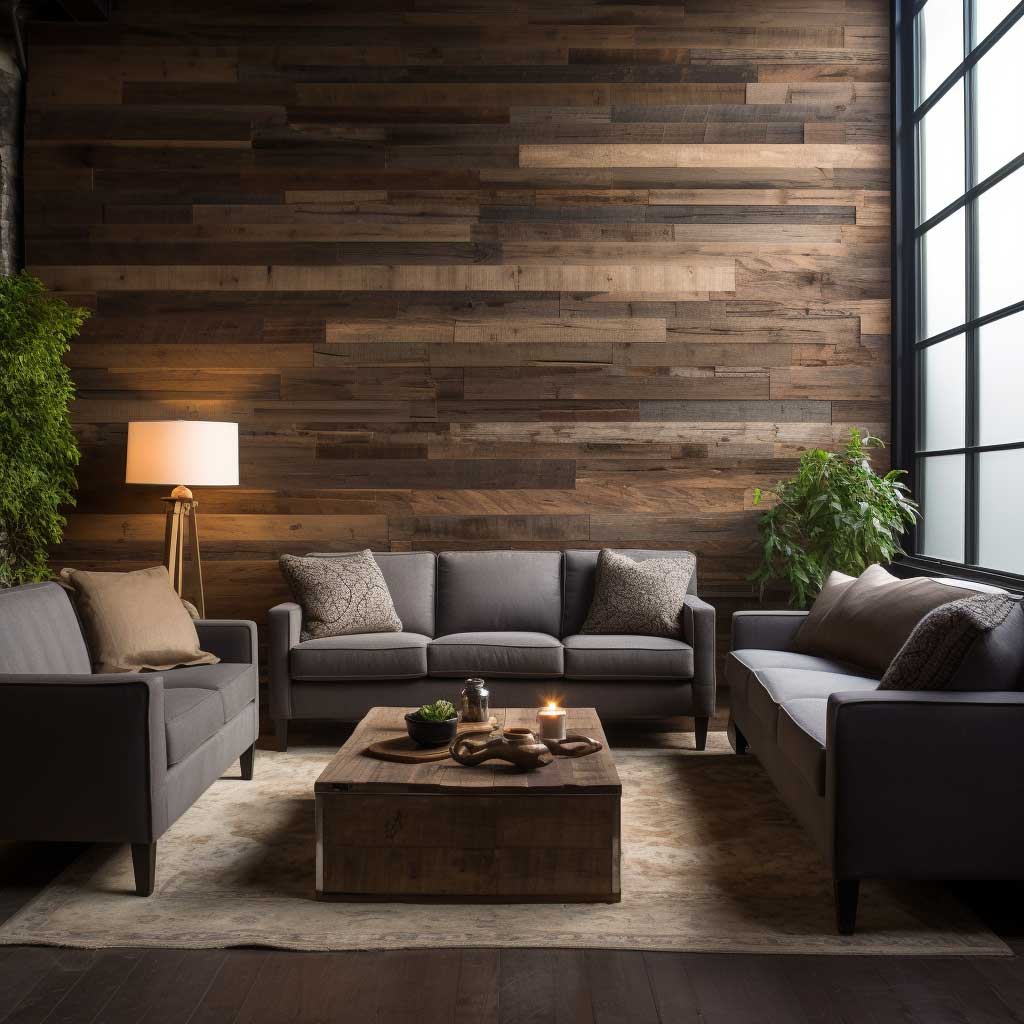 Reclaimed wood wall cladding adding a unique blend of history and sustainability to a modern interior design.