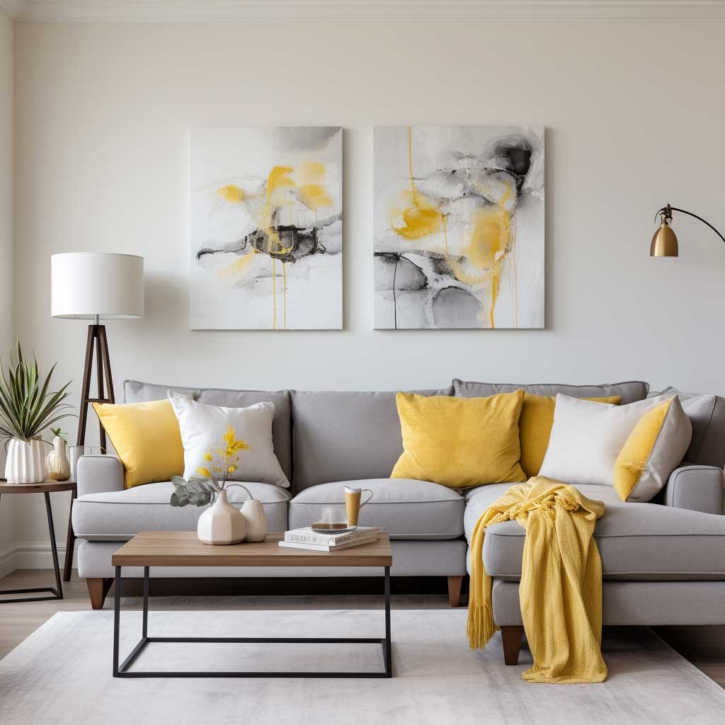 This photo showcases a living room with subtle yellow accents and accessories. The neutral white walls and grey furniture are complemented by yellow throw pillows, a rug, and artwork, adding a touch of warmth and vibrancy to this yellow living room idea.
