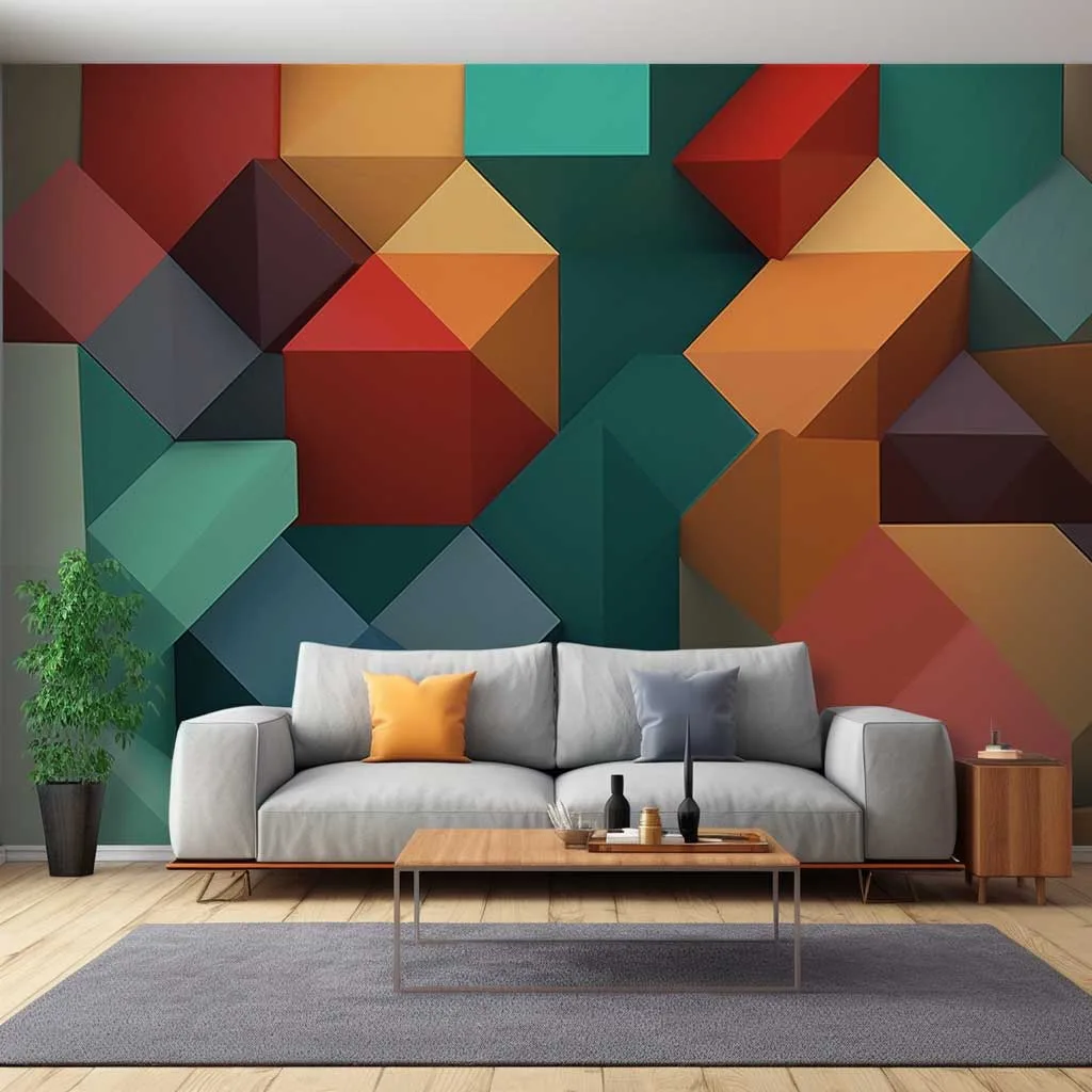 A harmonious blend of geometric patterns and vibrant colors, this 3D wallpaper design for living rooms offers a sophisticated yet playful ambiance.
