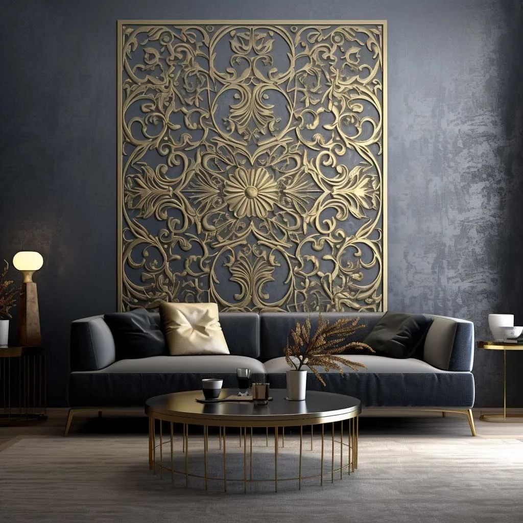 A perfect fusion of classic motifs and modern 3D effects, this wallpaper design for living rooms showcases timeless elegance with a contemporary twist.