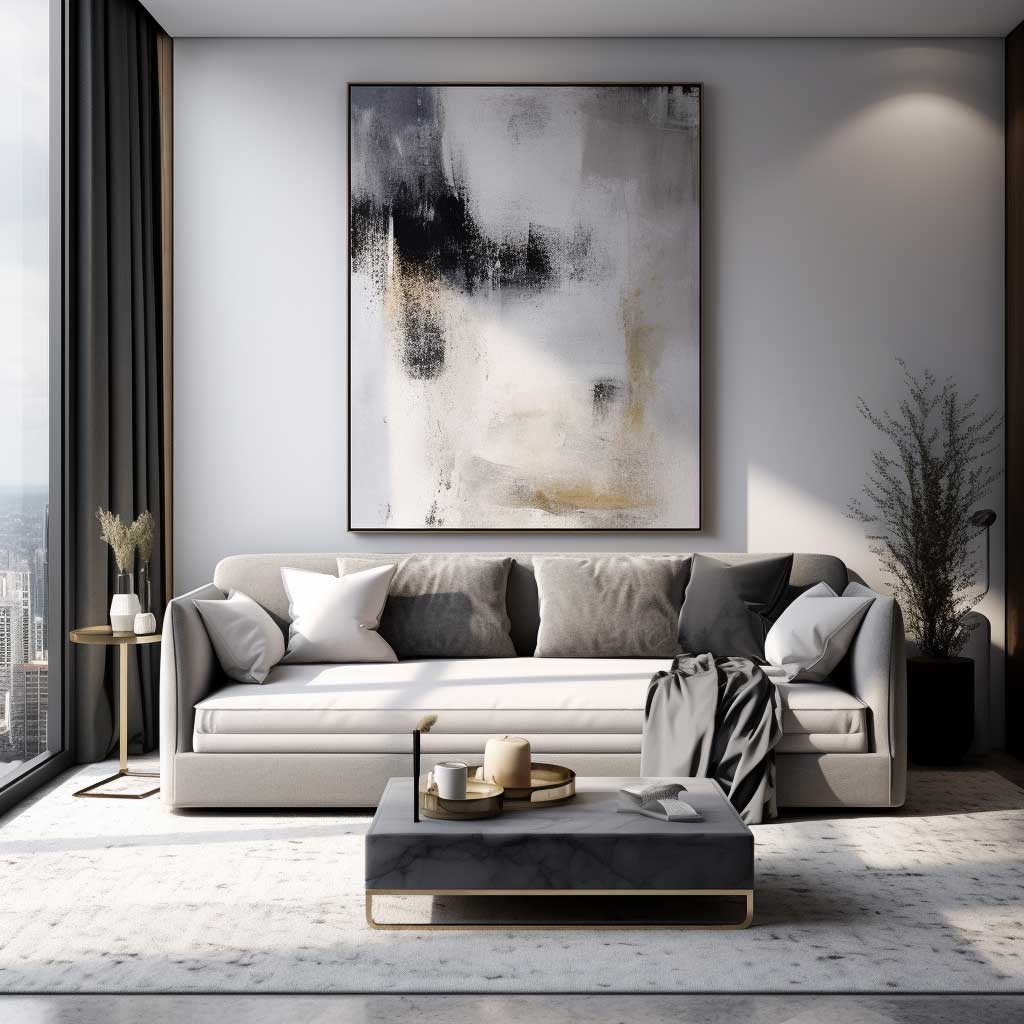 A chic and modern living room showcasing a sleek sofa that effortlessly transforms into a bed, exemplifying the versatility of bed in living room ideas for those who prioritize both style and functionality.