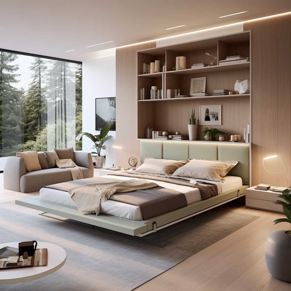 A spacious living room that reveals a hidden surprise—a wall bed that can be pulled down for nighttime rest. This design epitomizes the modern bed in living room ideas, ensuring that homeowners can enjoy a spacious lounge during the day and a comfortable bed at night.