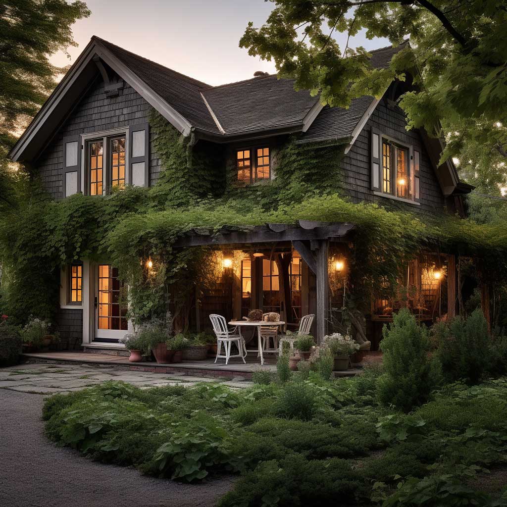 The rustic allure of a countryside home adorned in Willow Whisper, solidifying its place as a best color for exterior house projects that aim for a touch of vintage charm.