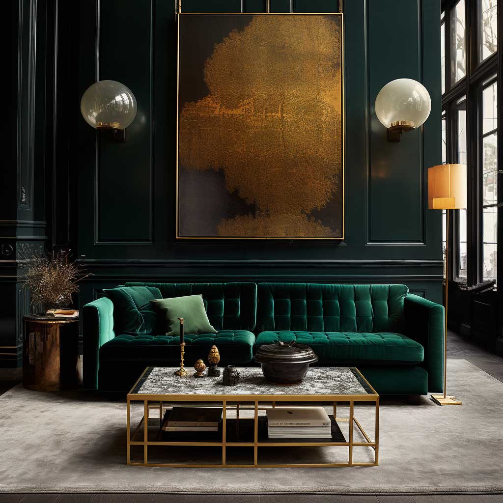 Living room with emerald green deals sofa