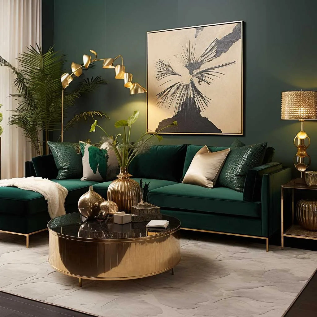 A harmonious blend of gold accents with emerald green decor pieces brings a touch of opulence to living room ideas.