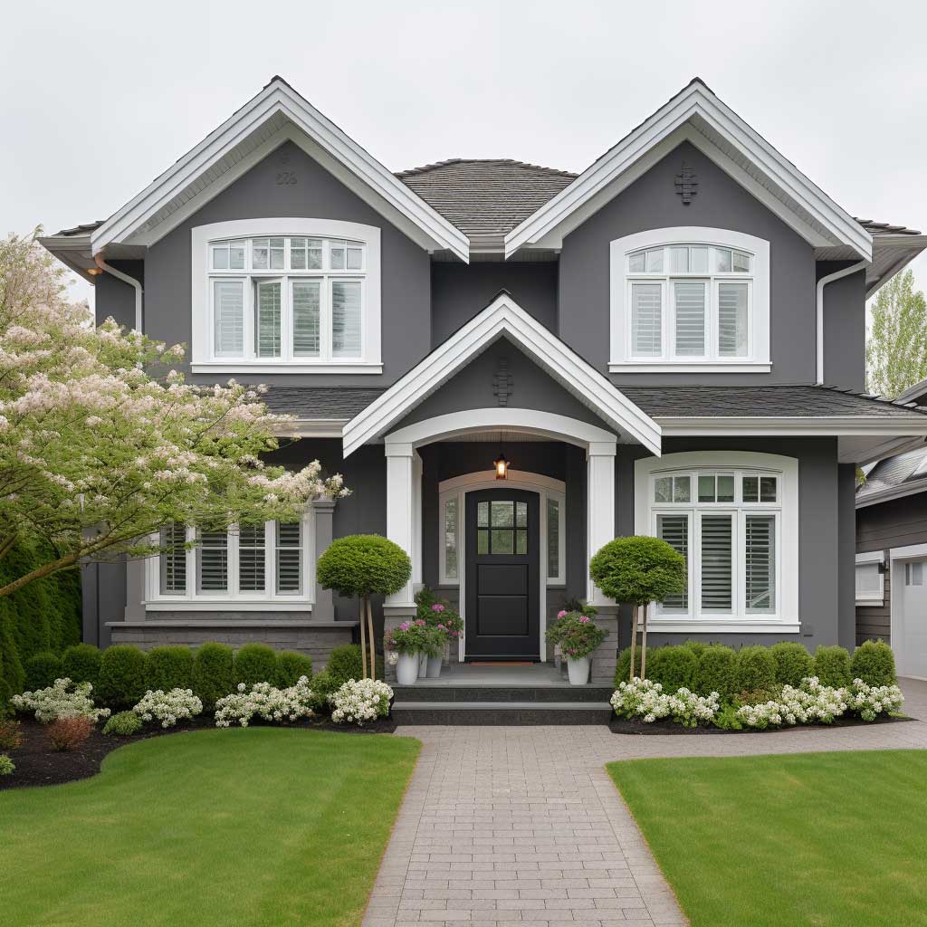 This photo features a house with a classic and elegant exterior paint colour combination of grey and white. The light grey walls are complemented by the crisp white trim, creating a harmonious and sophisticated look.