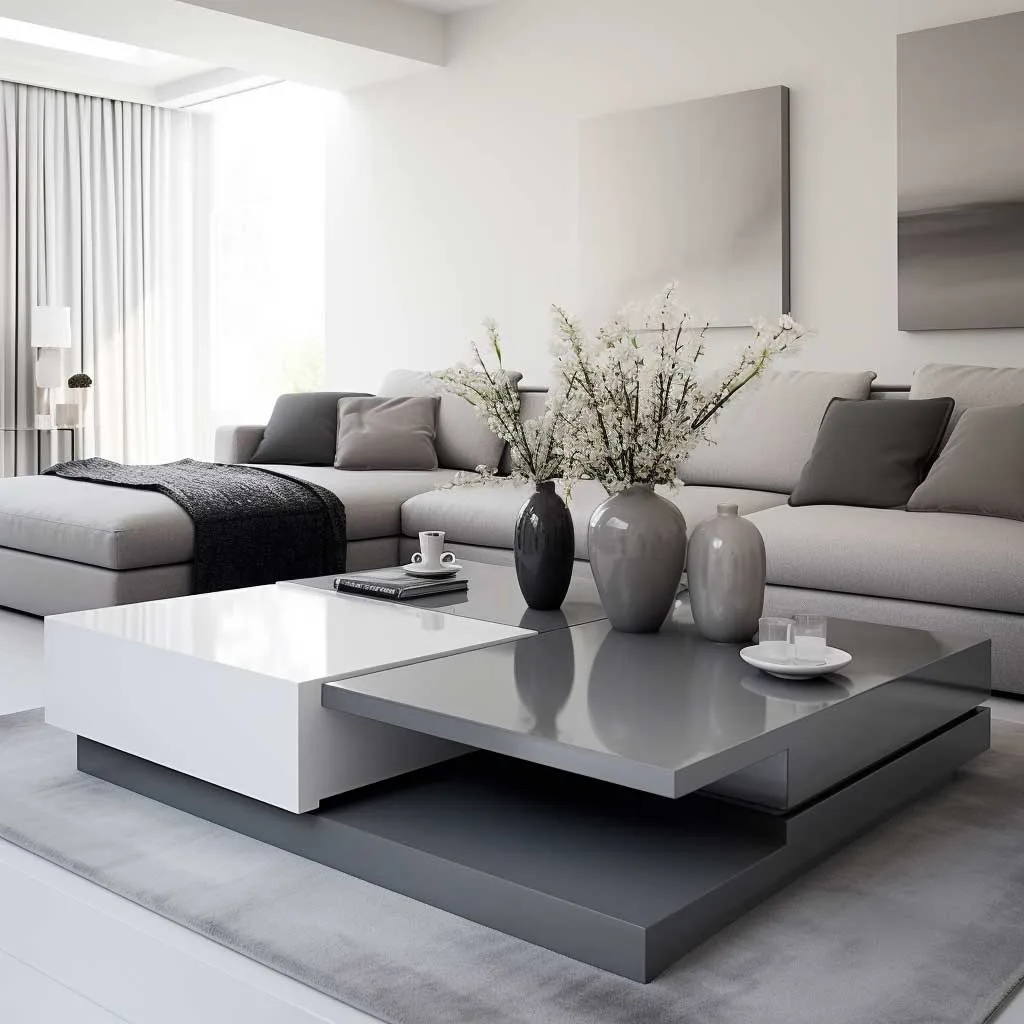A sleek grey coffee table set against a pristine white backdrop embodies the essence of modern minimalism in grey and white living room designs.