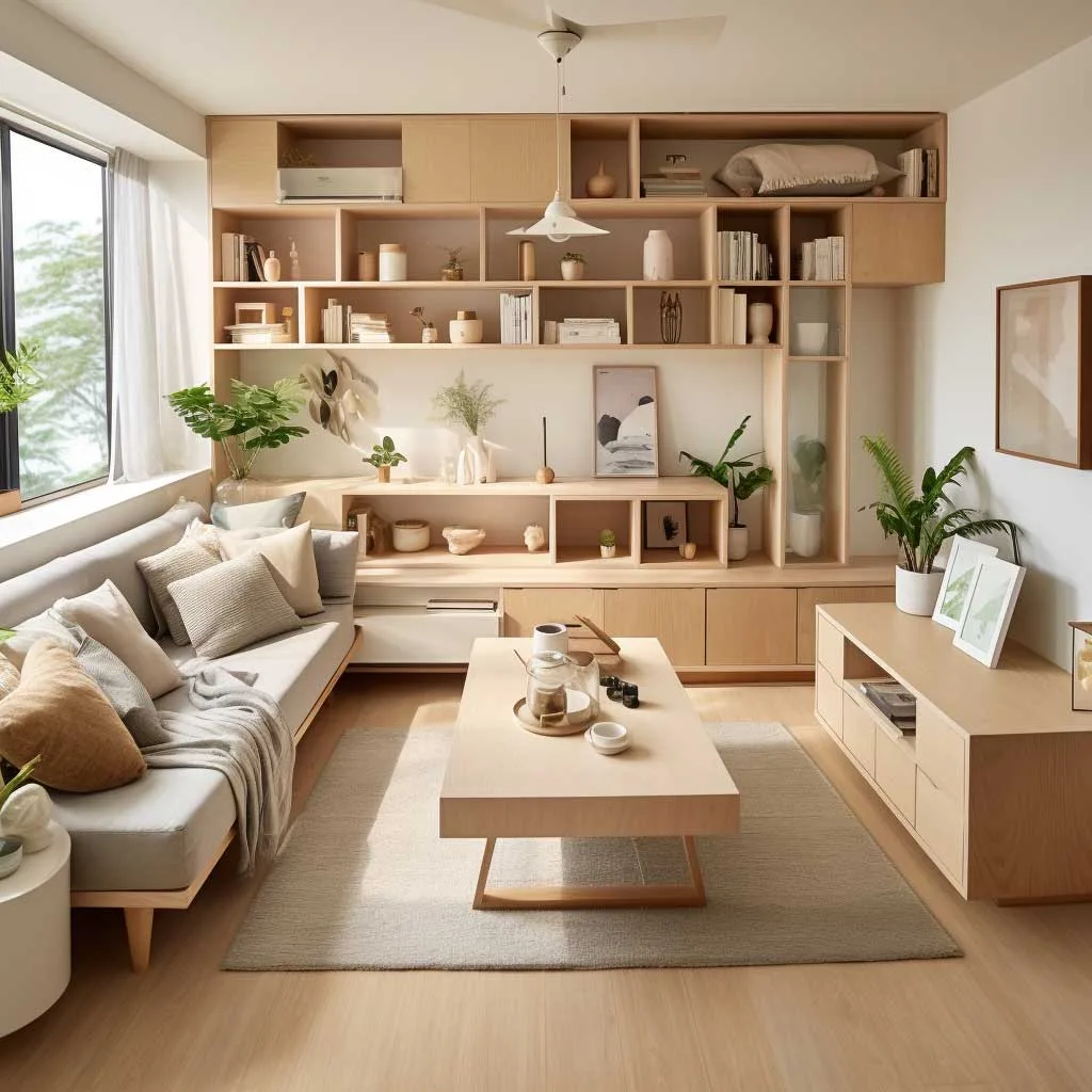 A functional and practical Japandi style living room design with multifunctional furniture and storage solutions that maximize space while maintaining a minimalist aesthetic.