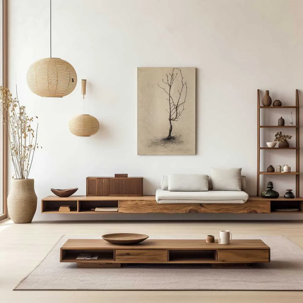 A well-organized Japandi style living room with minimalist furniture, clean lines, and a clutter-free space that promotes relaxation and mindfulness.