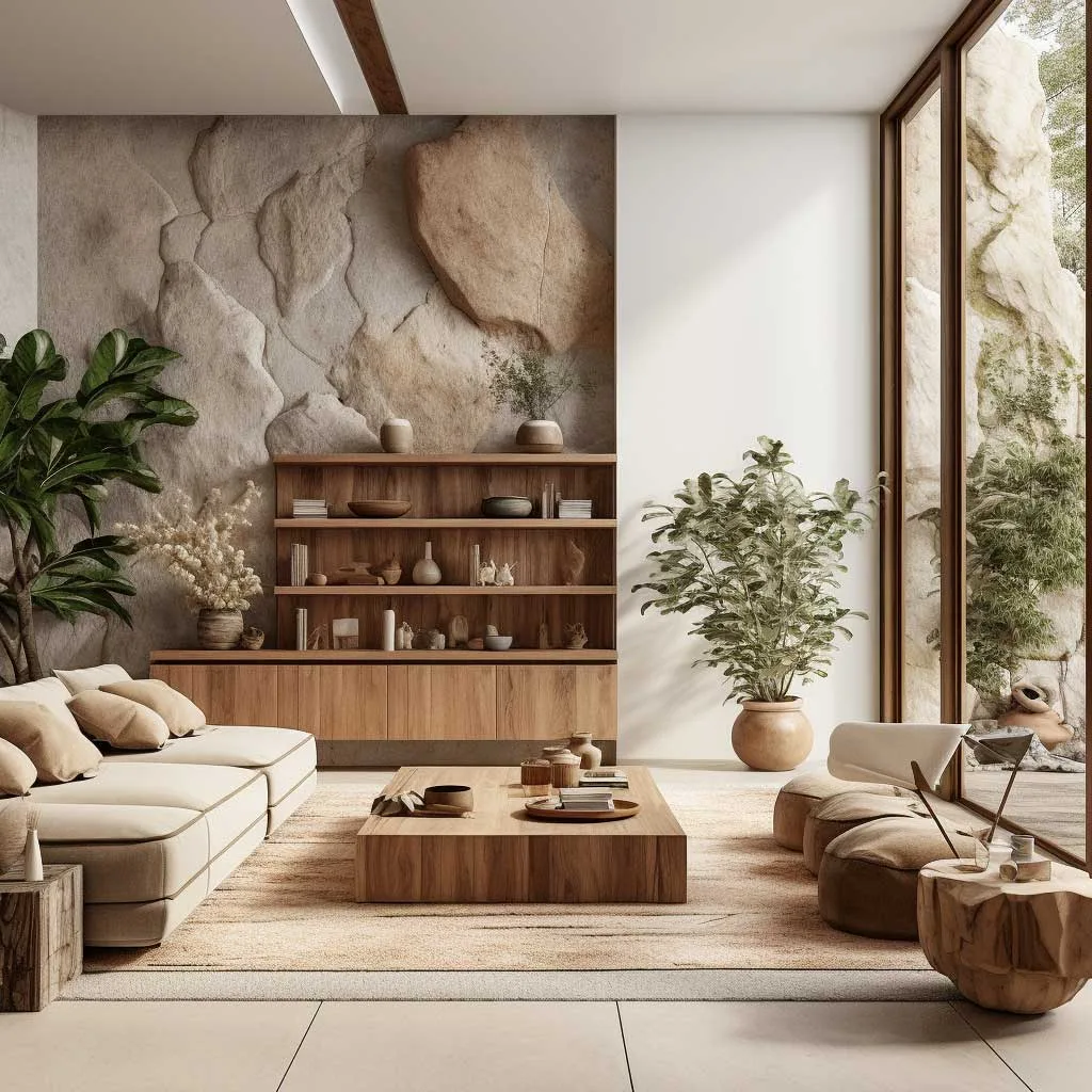 Incorporating natural elements like wood, stone, and plants in a Japandi style living room to create a connection with nature and a sense of tranquility.