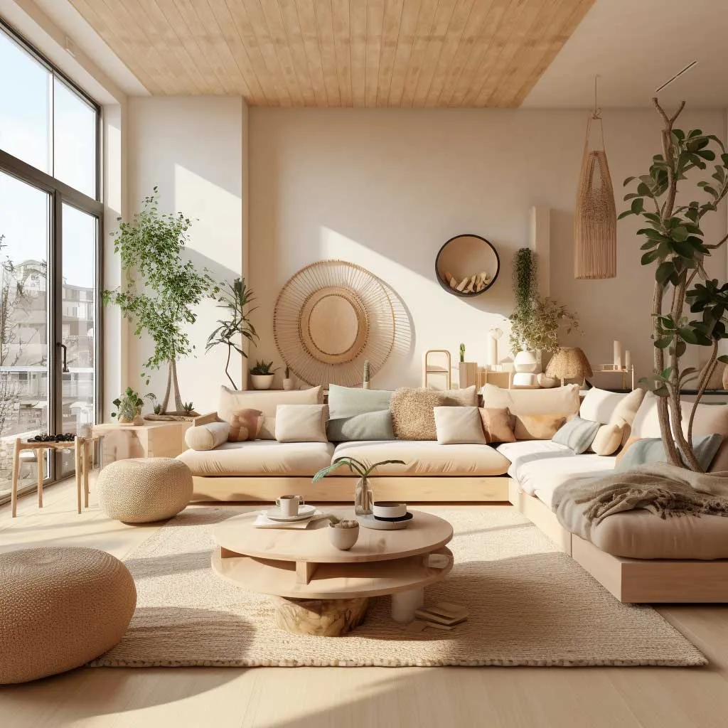 A Japandi style living room featuring neutral tones, wooden furniture, and indoor plants that create a serene and natural atmosphere.