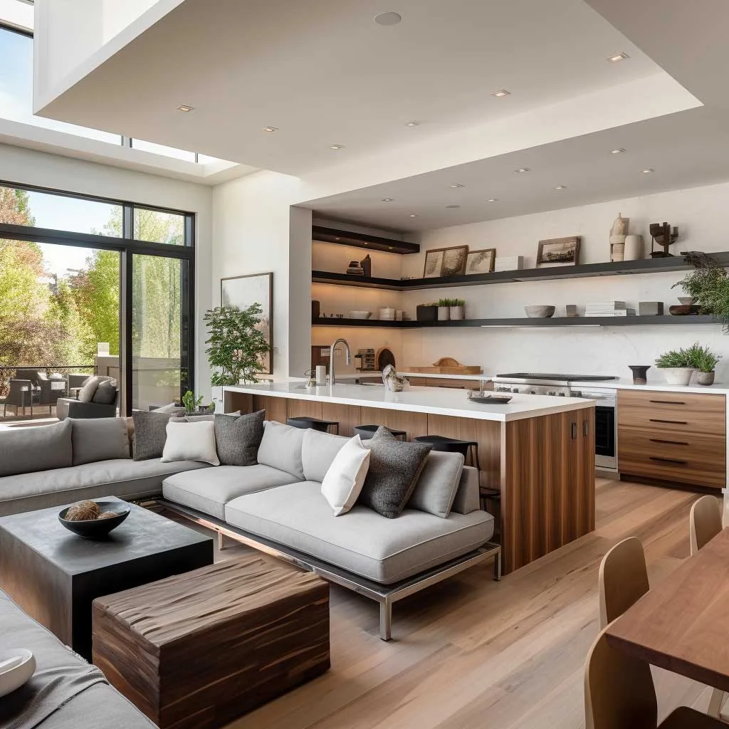 A contemporary living room kitchen combo showcasing open wooden shelves, sleek countertops, and comfortable seating areas.