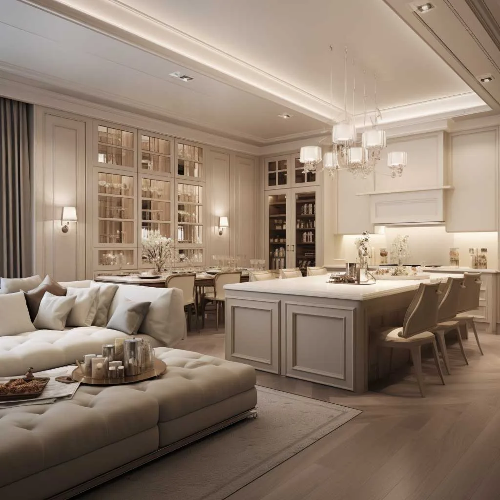 A harmonious blend of beige and white elements in a spacious living room kitchen combo, accentuated by soft lighting.