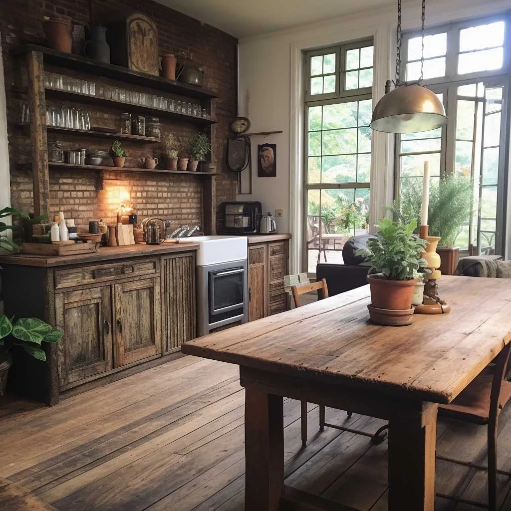 Warm wooden textures and vintage decor bring a touch of rustic charm to this inviting living room kitchen combo.