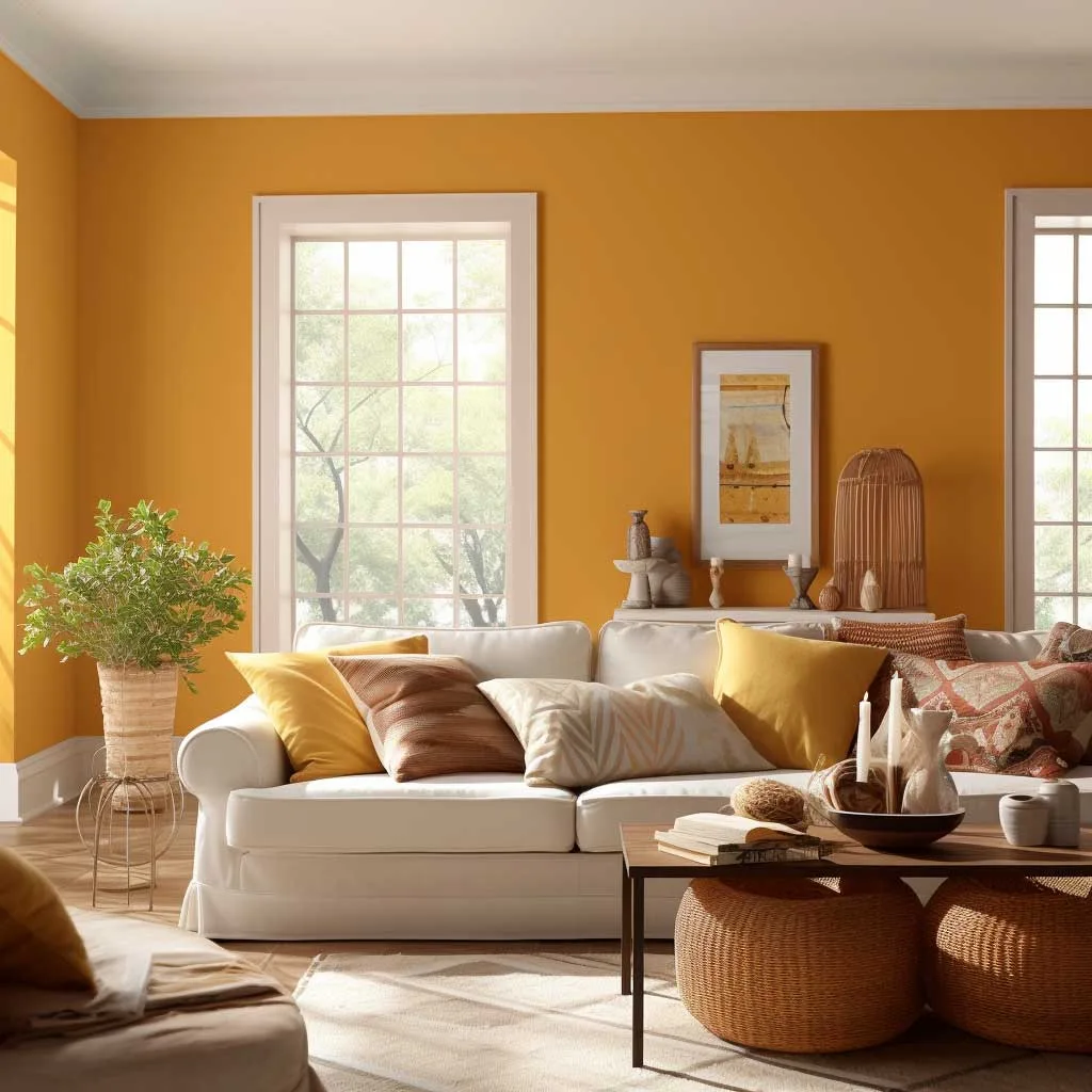 Golden Harvest illuminates the living room with its warm hue, presenting a trendy and inviting living room wall color idea.