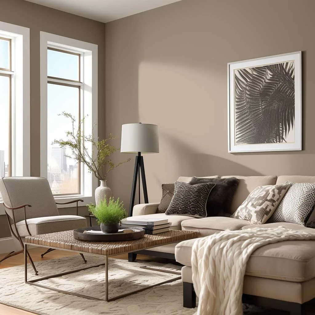 The Whispered Taupe shade brings a sophisticated touch to this living room wall color idea, blending seamlessly with modern furniture and decor.