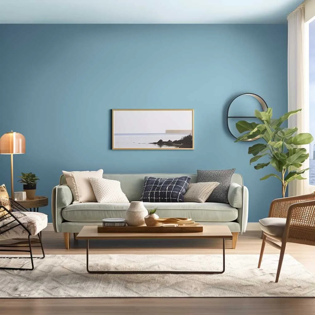 The Mystic Ocean Blue shade offers a refreshing and contemporary twist to living room wall color ideas, creating a serene ambiance.