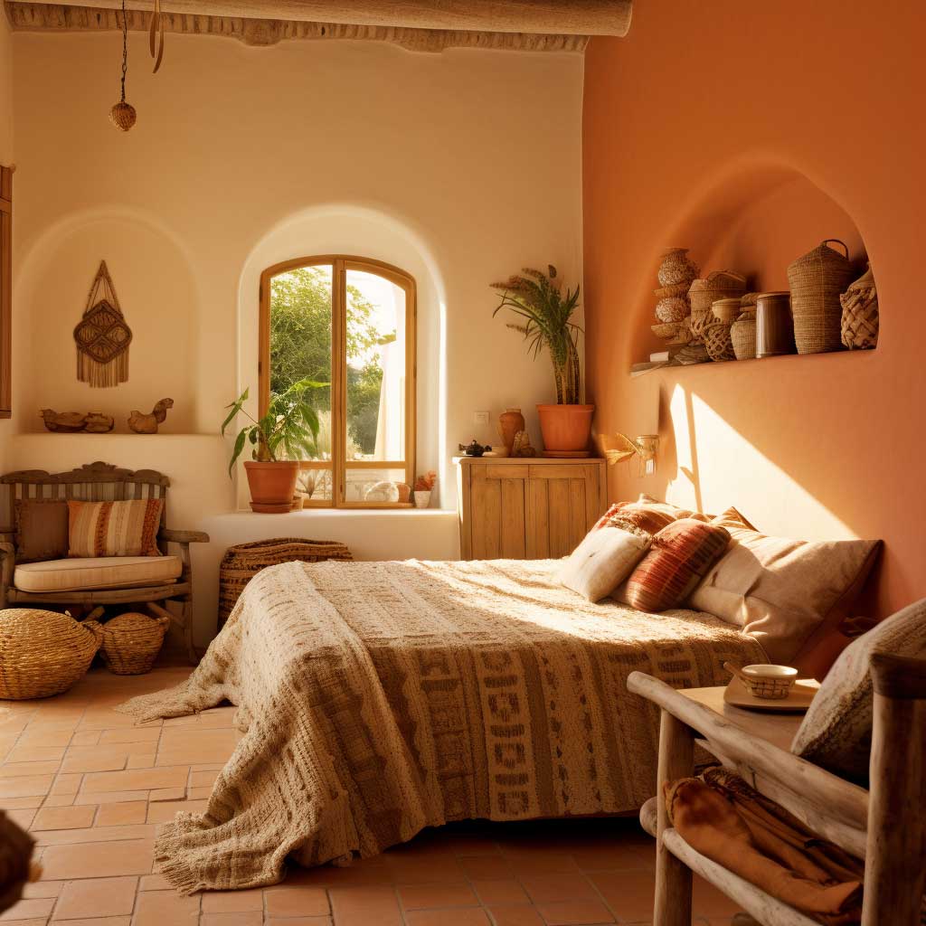 This photo showcases a bedroom with warm tones and natural textures, key elements of Mediterranean decor. The terracotta walls, wooden furniture, and woven textiles create a cozy and inviting atmosphere that is perfect for a bedroom.