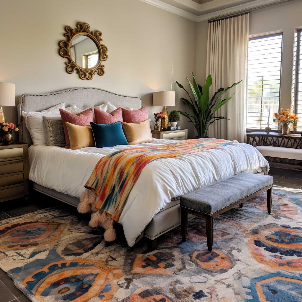 This image features a bedroom with intricate patterns and bold accents, another characteristic of Mediterranean decor. The patterned bedding, decorative pillows, and colorful rug add visual interest and a touch of vibrancy to the space.