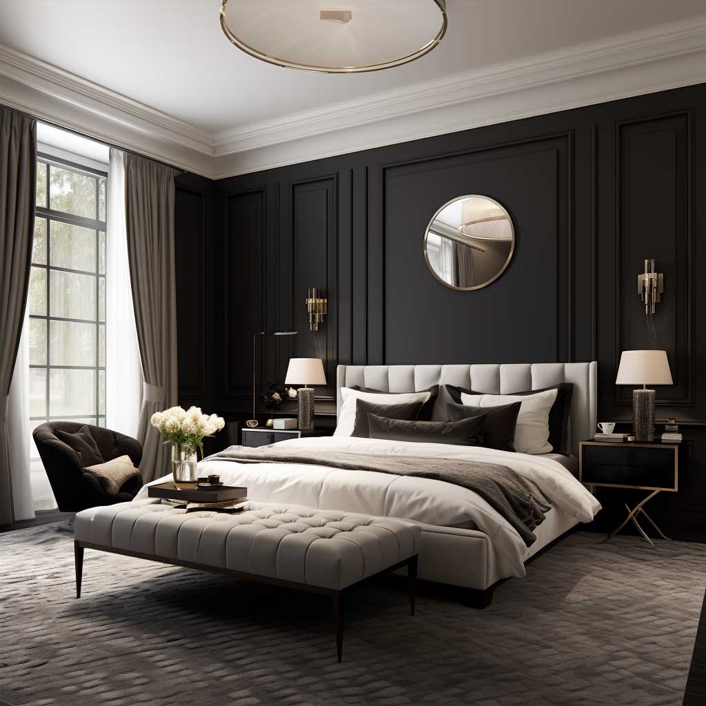 A timeless black and white palette, highlighting the elegance of mens bedroom interior design.