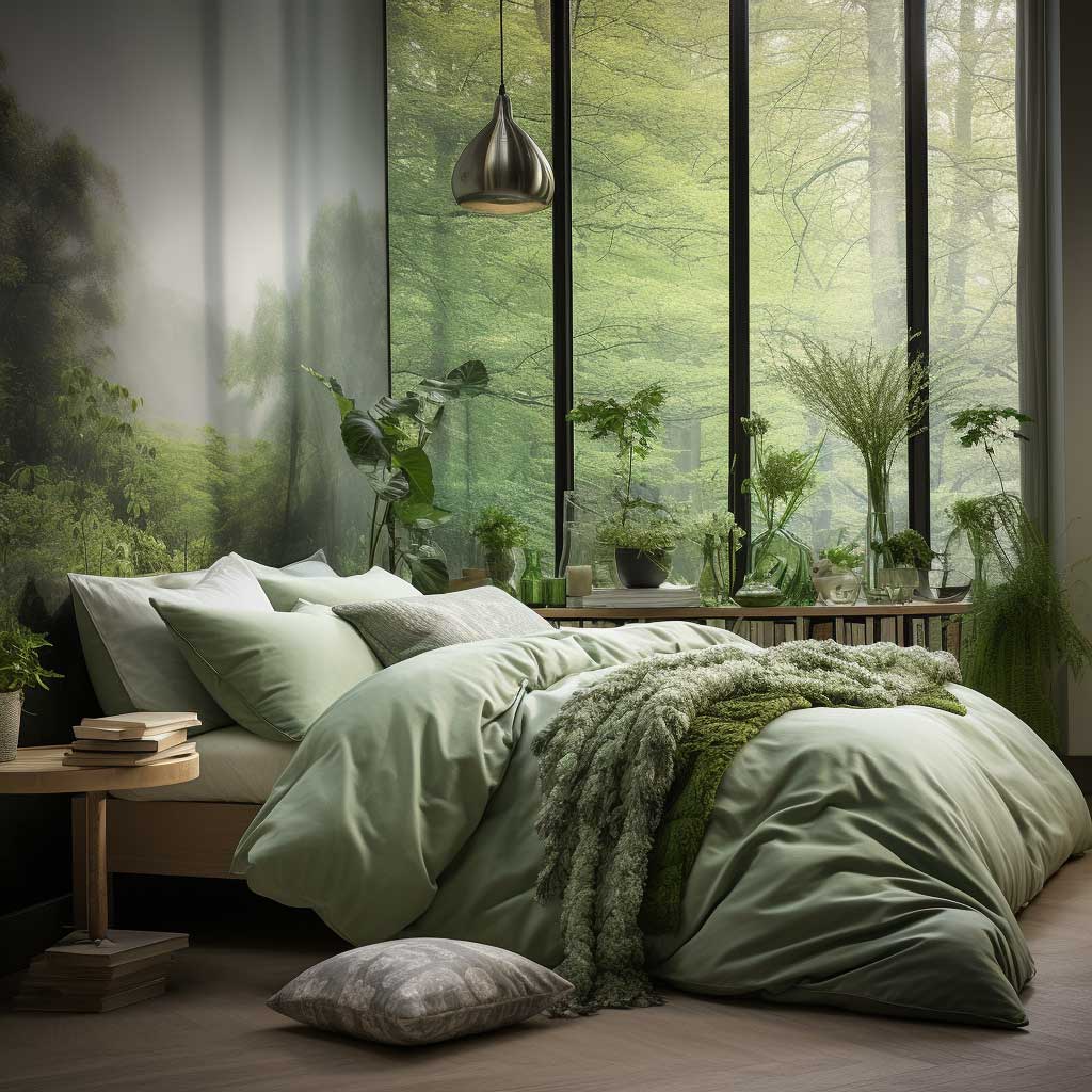 A rejuvenating mix of forest and mint greens, bringing nature's touch to mens bedroom interior design.