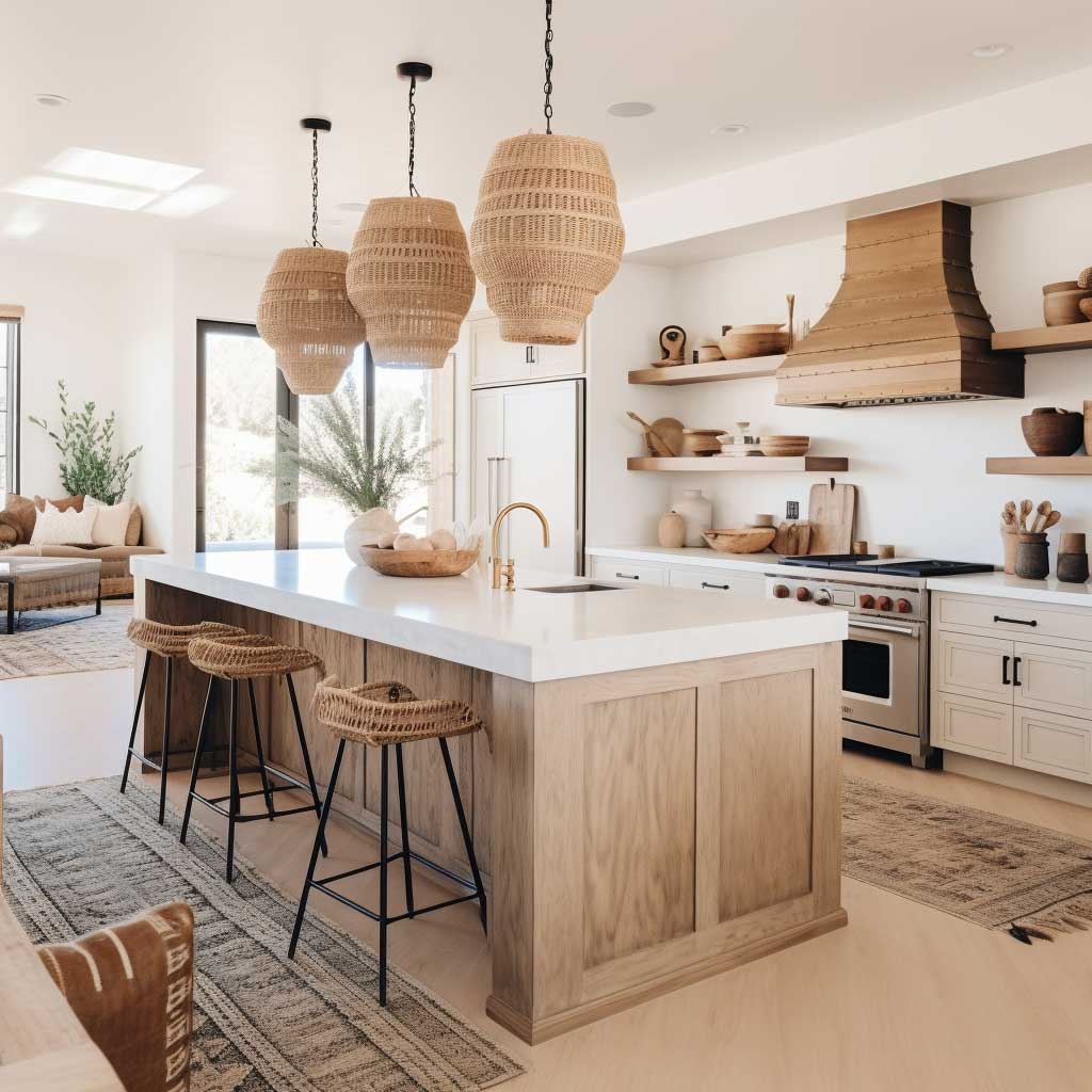 A serene space showcasing modern boho kitchen ideas with earthy tones, wooden accents, and woven textures, creating a warm and inviting ambiance.