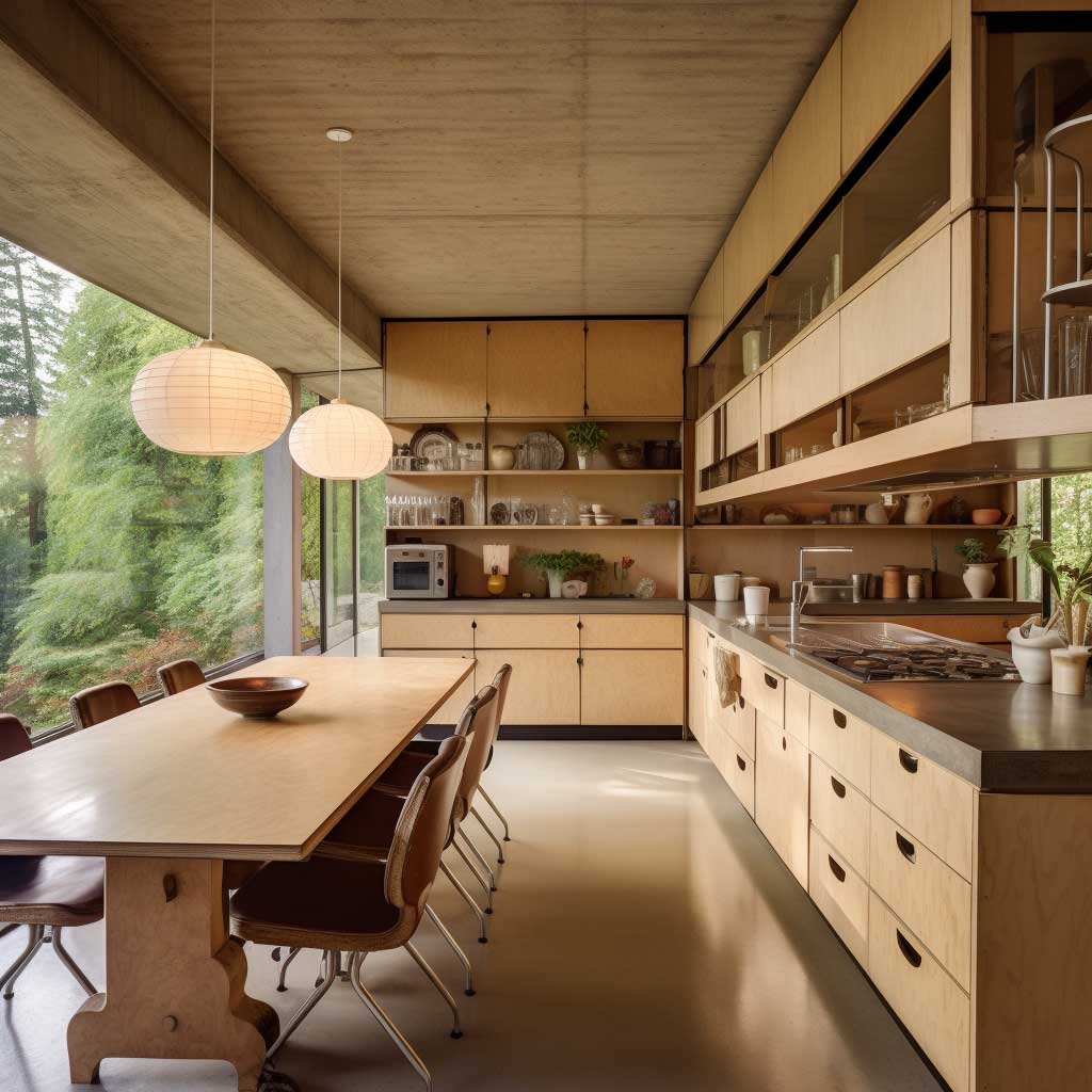 A breathtaking view of a modern kitchen plywood design seamlessly blending with antique furniture.