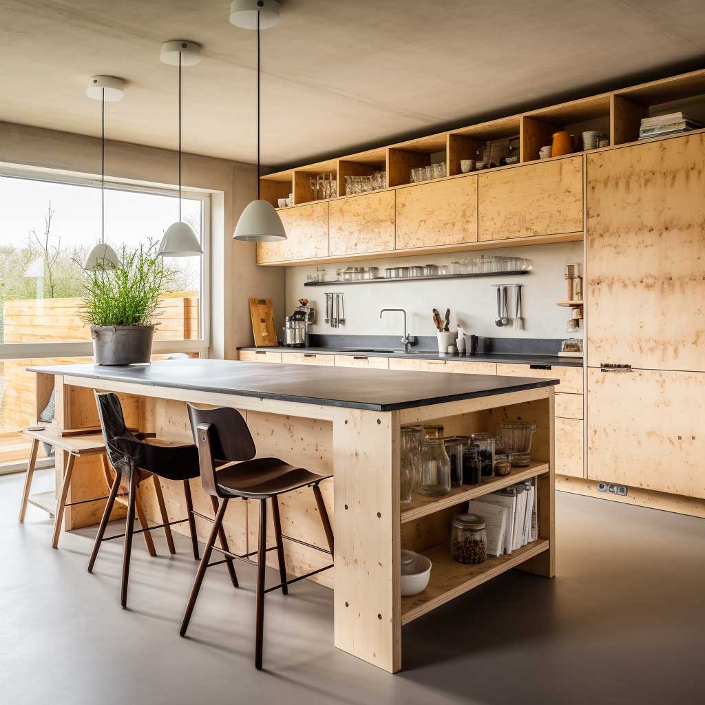 The perfect juxtaposition of modern kitchen plywood design elements with rustic, traditional decor.