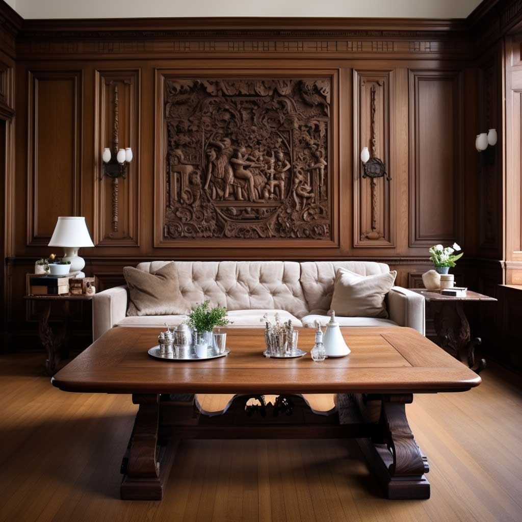 A sleek wooden coffee table, adorned with Victorian-style carvings, anchors the space in this modern Victorian living room, offering both function and form.