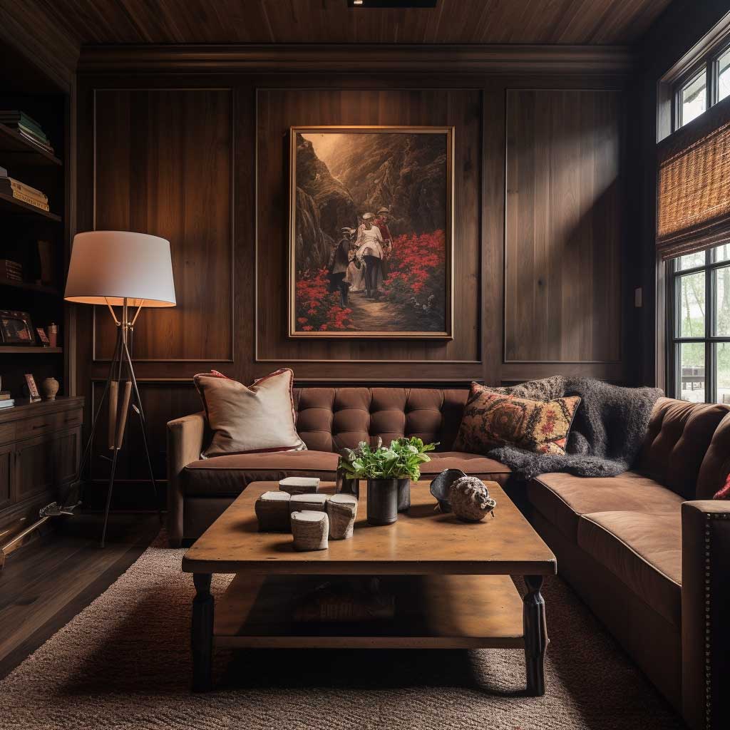 A cozy den that embraces painting wood paneling ideas, with rustic shades enhancing the natural grain of the wood, offering a blend of tradition and modernity.