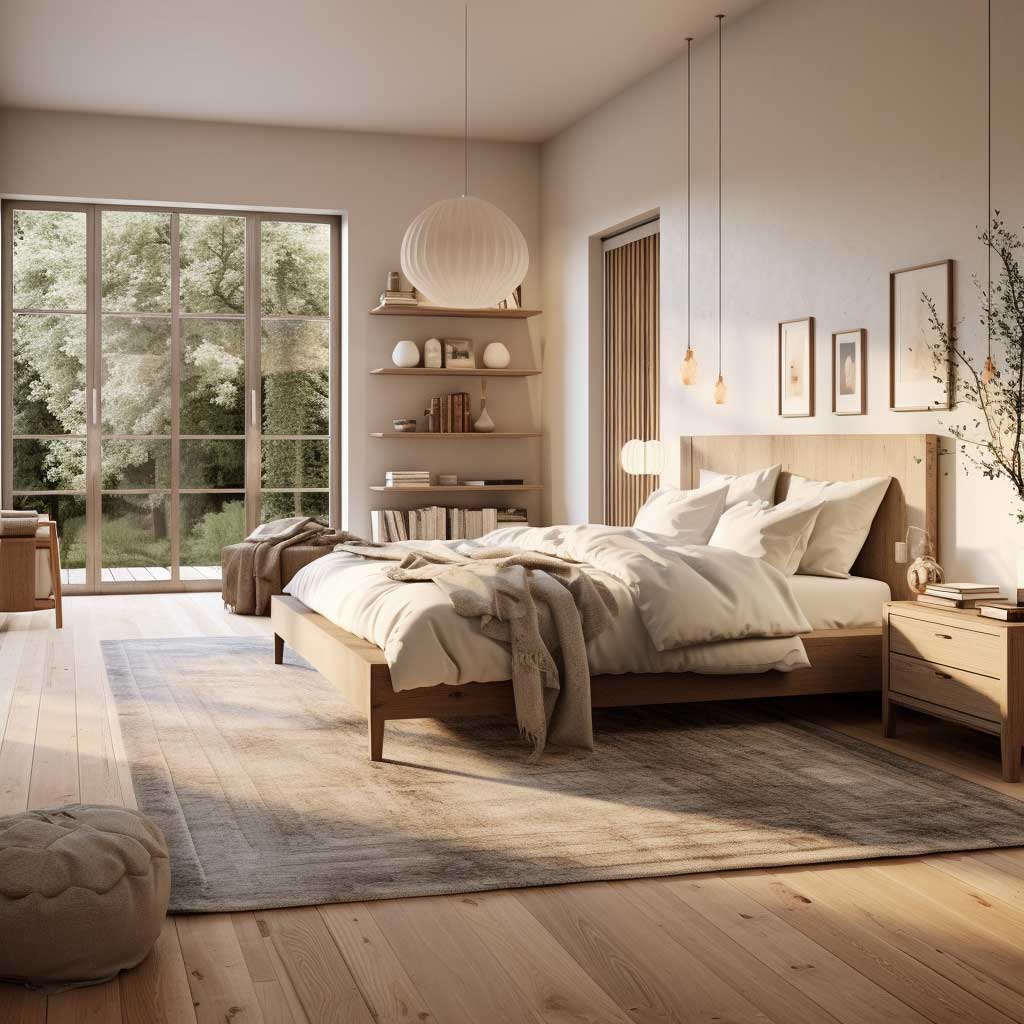A captivating view of a bedroom corner, where the clean lines of Scandinavian design meet the cozy textures of rustic elements, offering a perfect rustic Scandinavian bedroom escape.