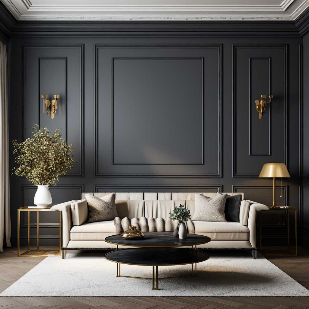 The striking contrast of two-toned wainscoting ideas, adding depth and dimension to the living room.